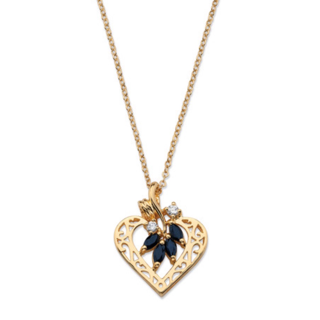 Genuine Sapphire And Cubic Zirconia Heart Pendant Necklace On Gold Chain